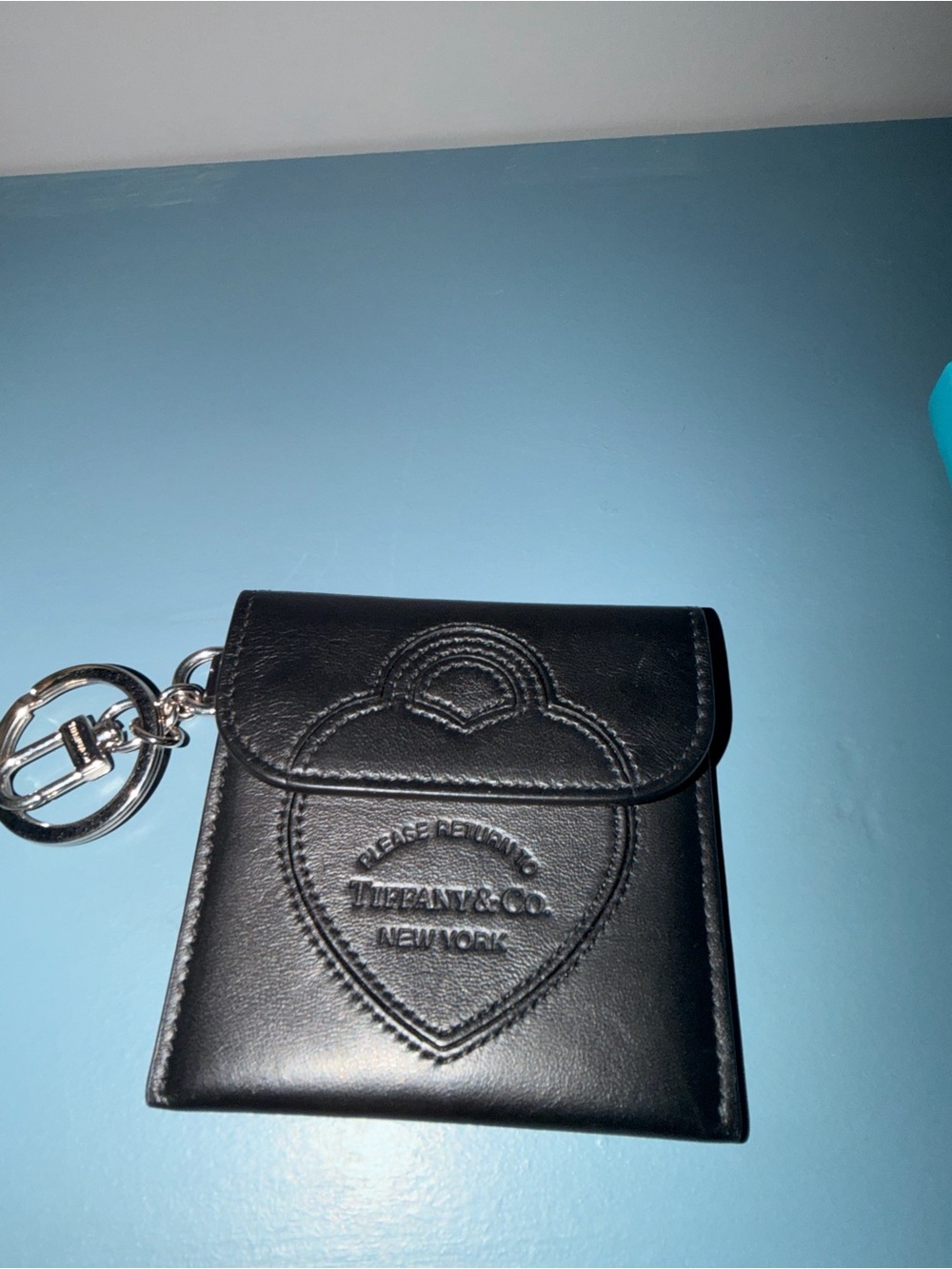 Tiffany & Co. Black Leather Heart Key Pouch with Silver Keyring